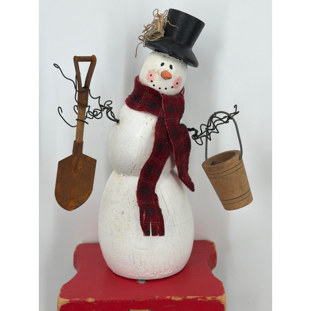 Vtg Primitive Rustic Snowman Red Plaid‎ Scarf Shovel Bucket Winter Decor 8"
